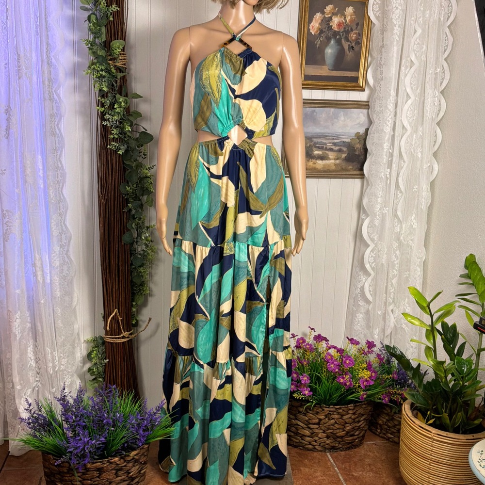 Fashion Nova Beach Talking Satin Maxi Dress Small Blue/combo New Tropical